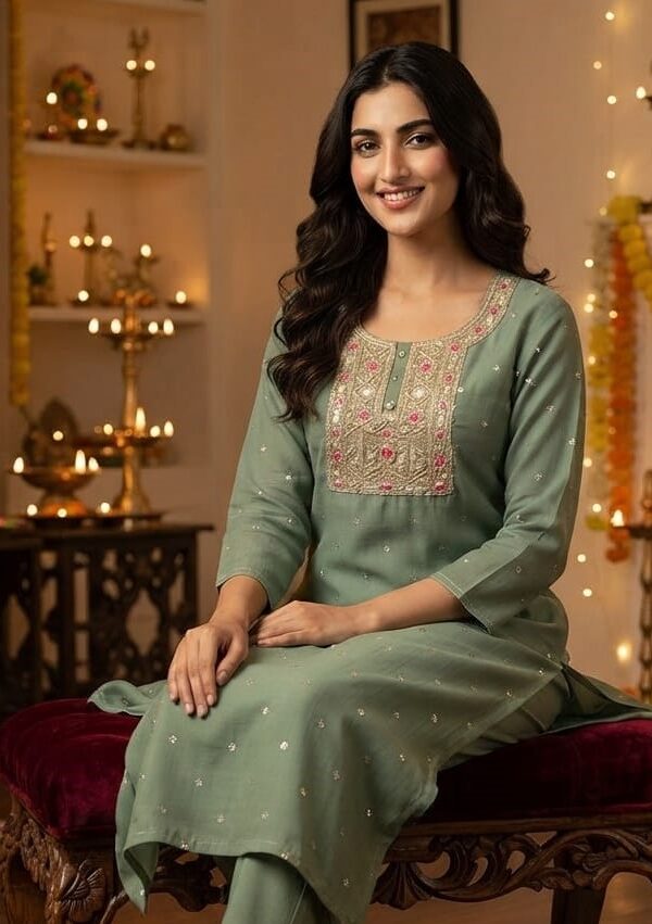 Sage Green & Wine Chanderi Silk Embroidered Kurti with Gold-Pink Neckline