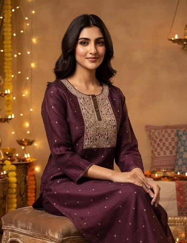 Wine Chanderi Silk Embroidered Kurti with Gold Zari Neckline