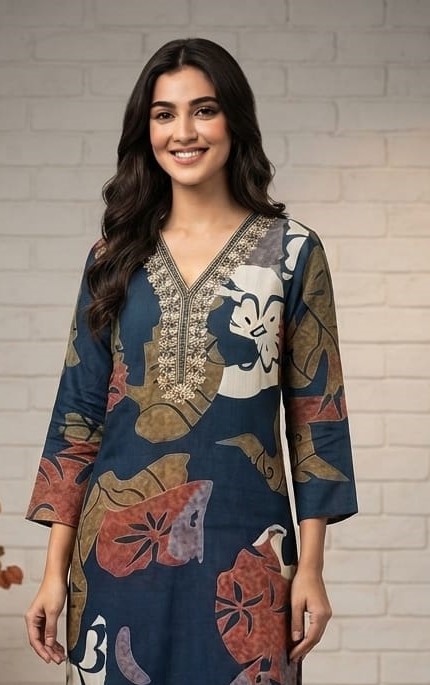 Multi-Coloured Vatican Cotton Kurti with Embroidered Y-Neck Design