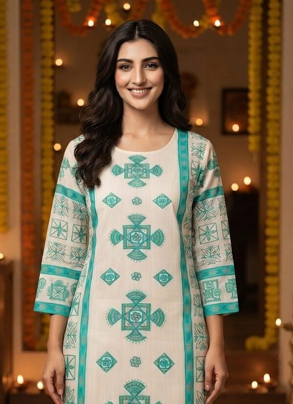 Cream & Turquoise Green Geometric Print Rayon Kurti