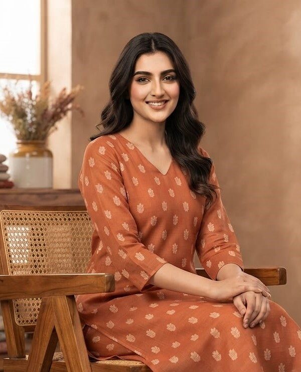 Chanderi Cotton V-Neck Kurti with Silver-White Leaf Butti Print